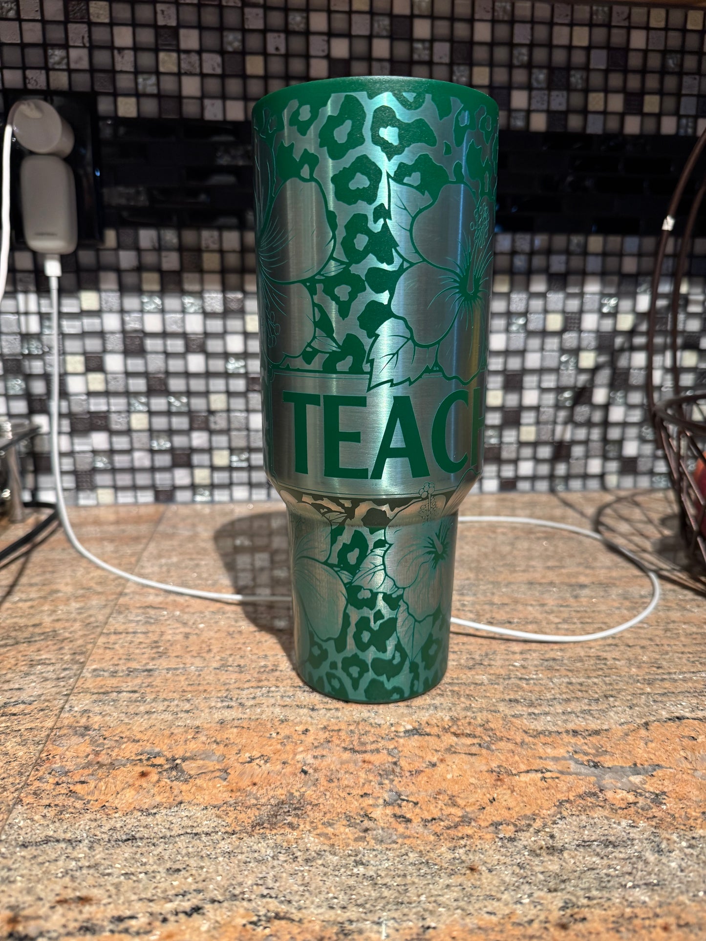 40 oz laser engraved cup with handle.